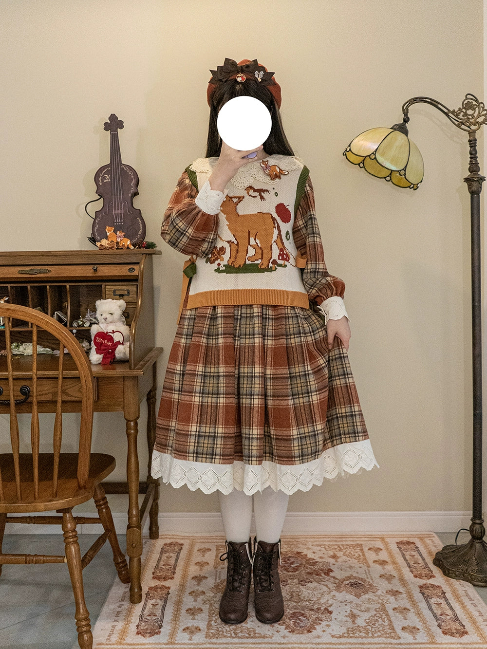 (BFM)Miss Point~Fat Fox in the Forest~Customized Lolita OP Dress Plaid Loose Daily Dress 37590:562892