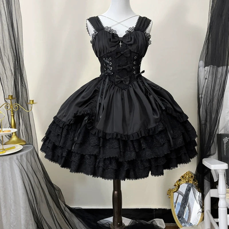 Hanguliang - Cross Medal - Black Gothic Lolita JSK, Tiered Skirt S Black JSK Only