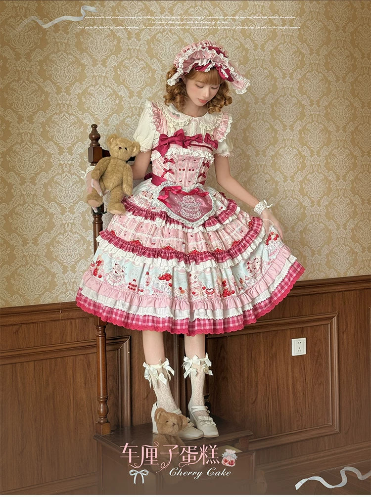 Cherry Cake - Printed Sweet Lolita JSK Dress, Embroidered Apron 44904:827149