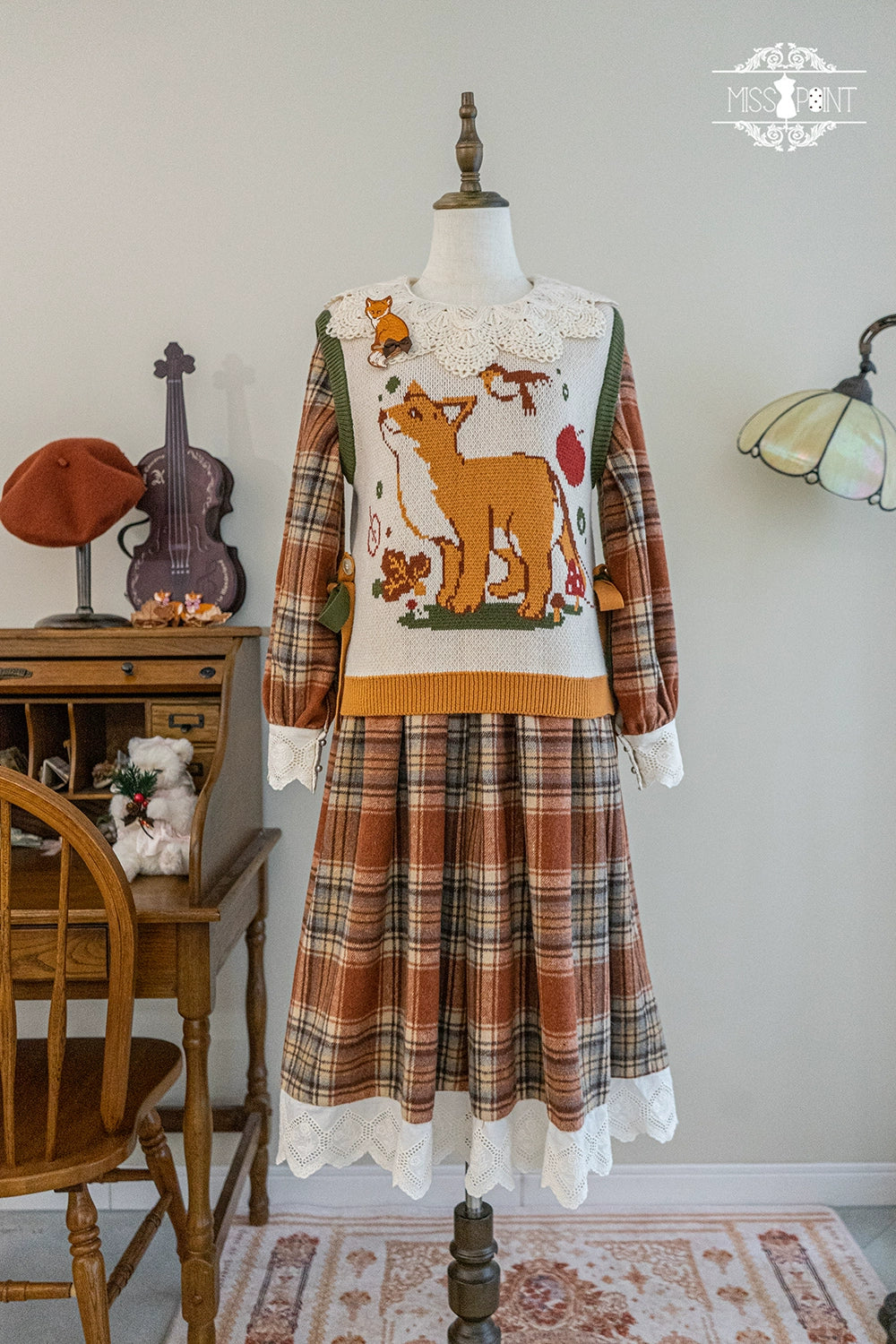 Miss Point - Chubby Fox in the Forest - Customized Lolita OP Dress Plaid Loose Daily Dress