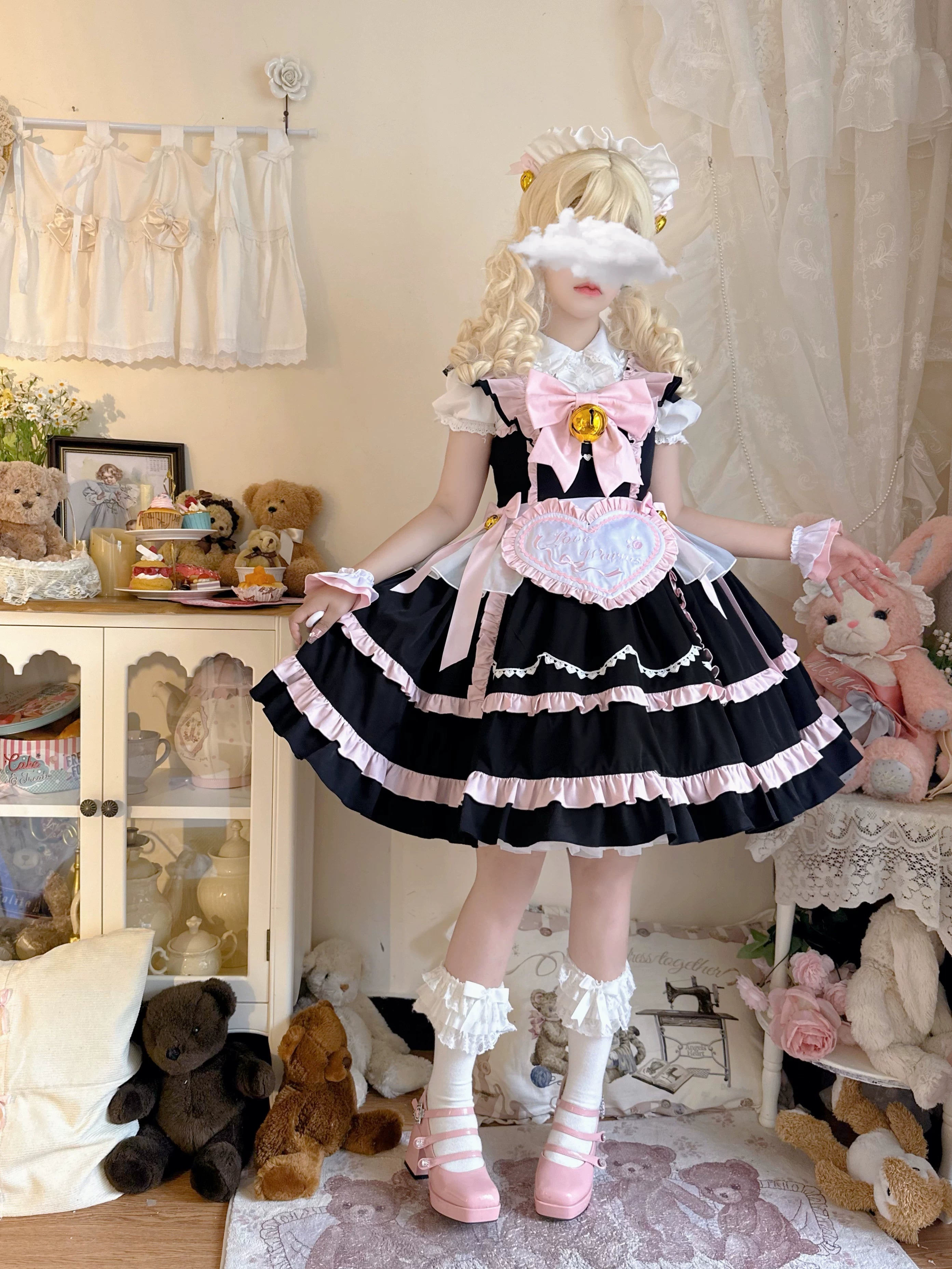 Sweetheart Chef - Sweet Lolita JSK Dress, Bell & Detachable Heart-shaped Apron Black JSK + Apron + A Pair of cuffs S