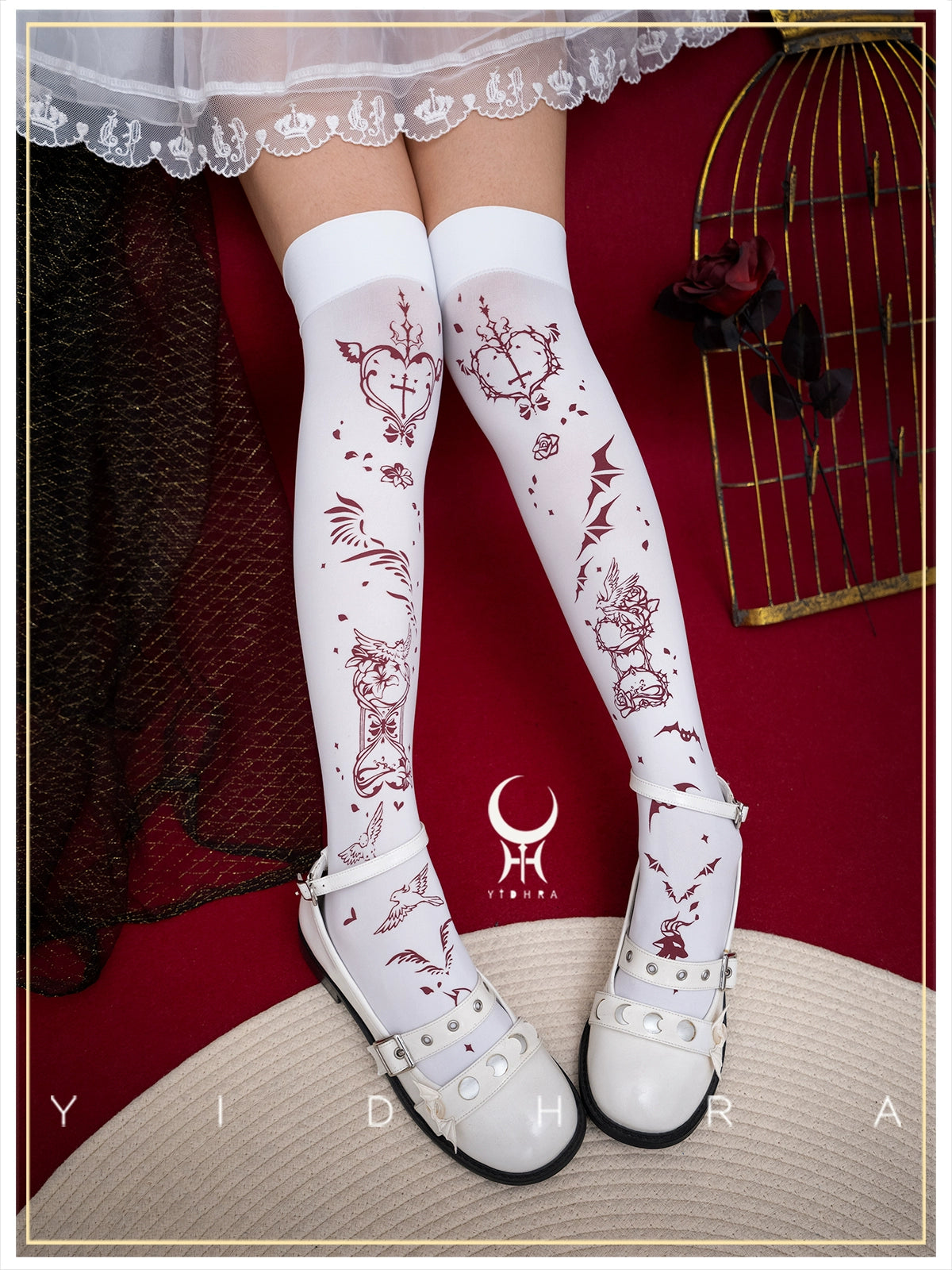 Yidhra - Angel&Devil - Gothic Lolita Pantyhose Printed Goth Tights White Stockings One Size