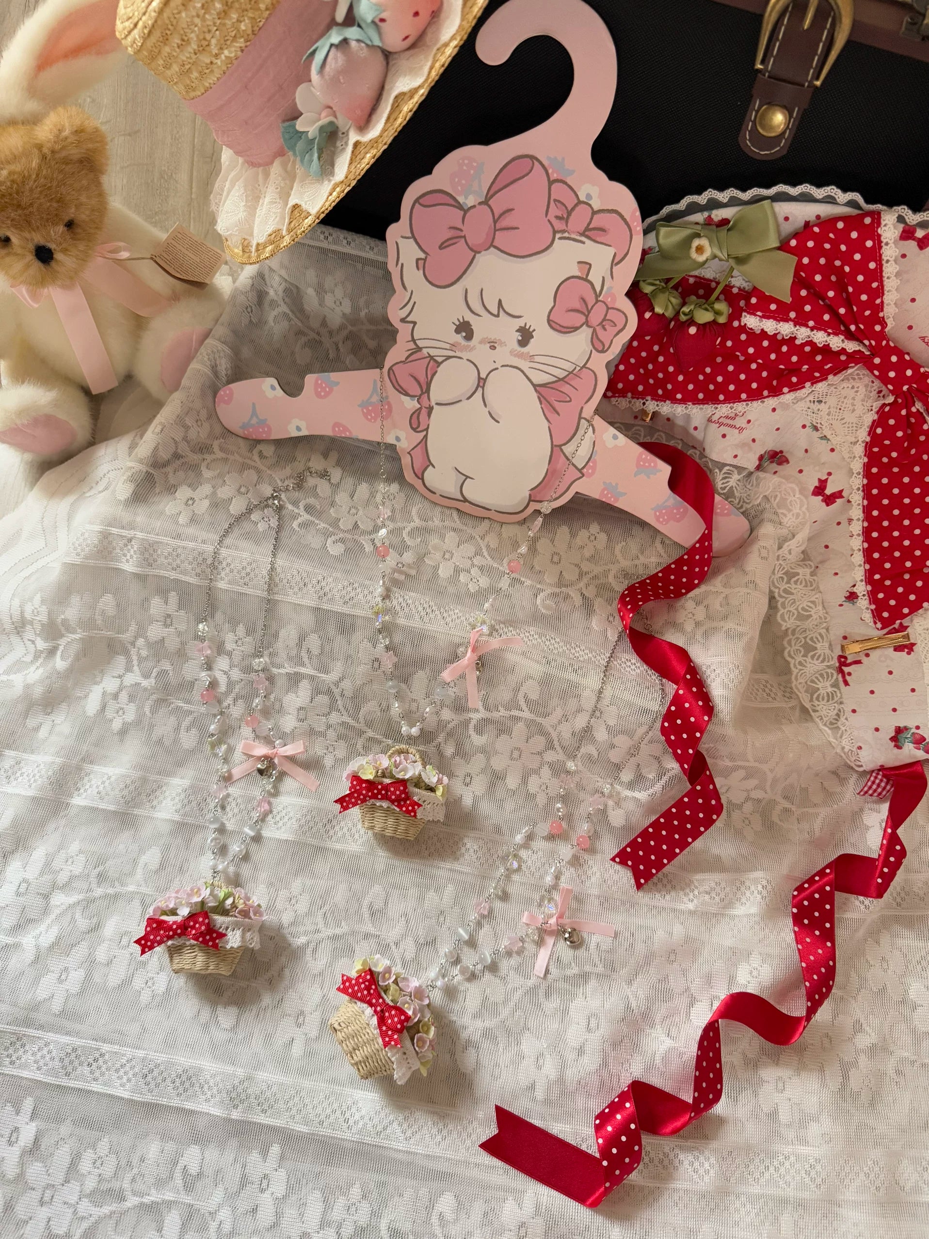 Strawberry Plaid Bunny - Printed Sweet Lolita JSK Dress, Hime Sleeve Blouse Pink One Size One Flower Basket Necklace Only