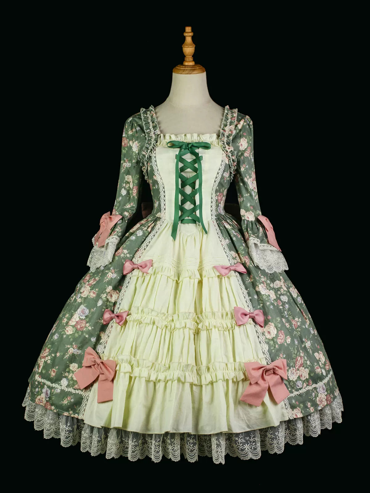 Classic Lolita Rococo Floral Print OP Dress, Lace Hime Sleeve (L M S) 45668:857635