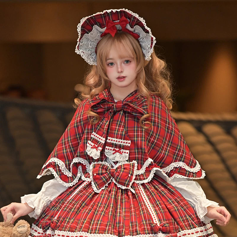 Plaid Petal Bunny - Old School Lolita Bunny Ear Cape, Lace-trimmed Petal Hem 45983:870734