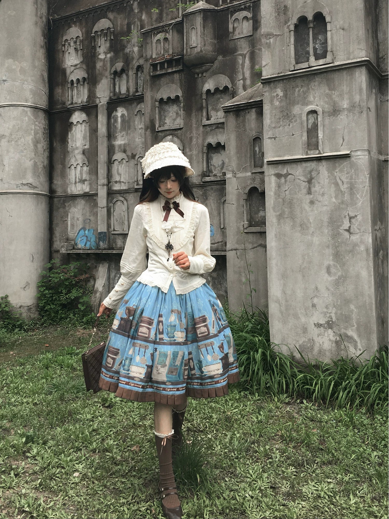 Coffee Bookshelf - Classic Lolita JSK and SK Set, Coffee Cup and Book Print 45611:856226