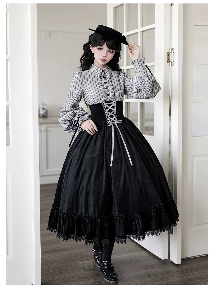 Dusk Moment - Classic Lolita Striped OP & Mermaid Dress Set, Fishbone Waist 44498:810664