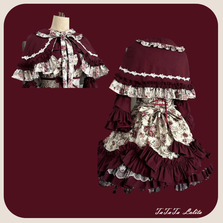 TaTaTa Lolita - Burgundy Rose - Floral Printed Old School Lolita JSK, Elegant Cape Cape Only (one size / choose M) S