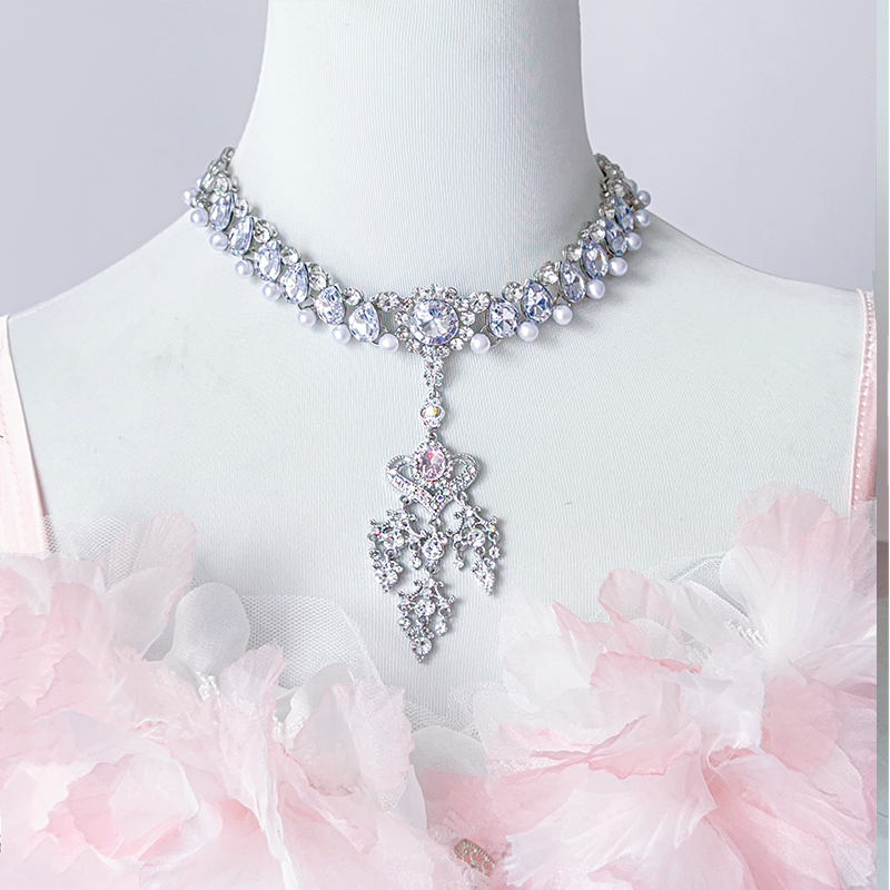 Daydream Whisper - Misty Rose Sea - Plus Size Wedding Lolita JSK with Puffy Tiered Skirt Necklace Only (One Size select M) S