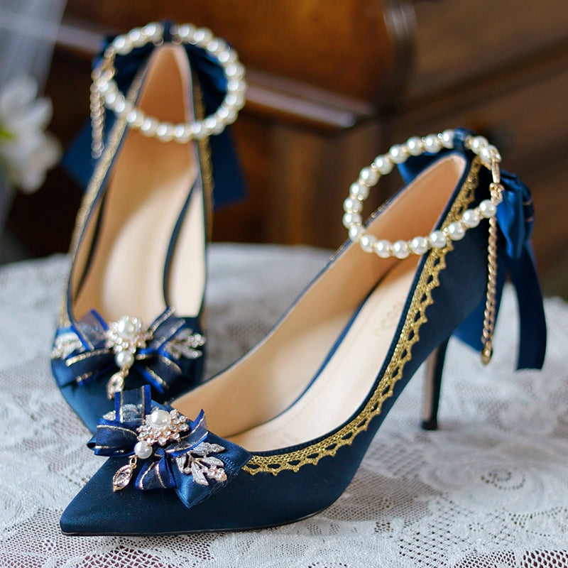 One Night - Wedding Lolita Shoes Pointed-toe High Heel Shoes Thin Heel 35 Dark blue (6cm)
