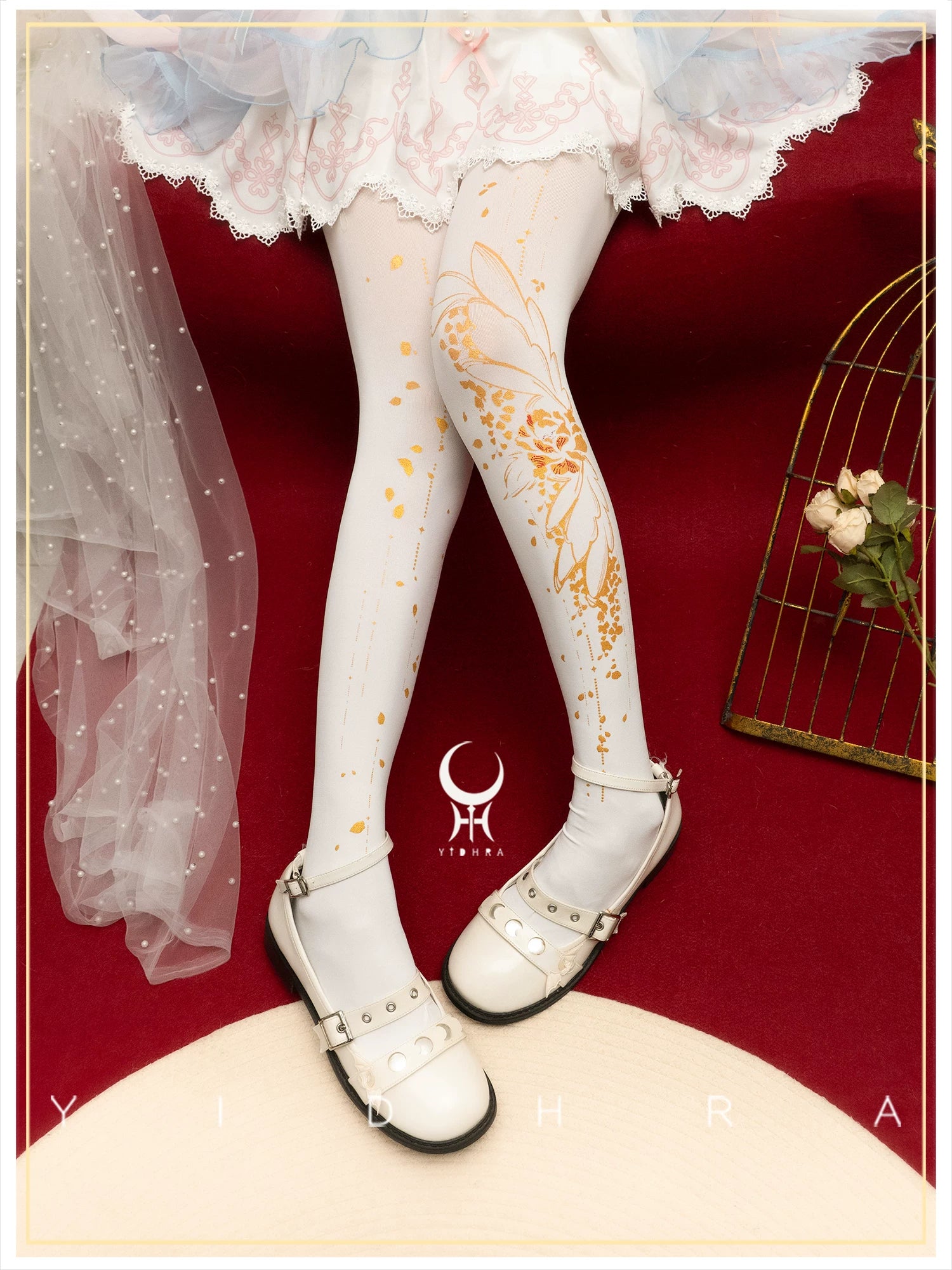 Thousand Crane Herb - Asymmetric Floral Print Lolita Pantyhose 120D - White Tights with Gold Print