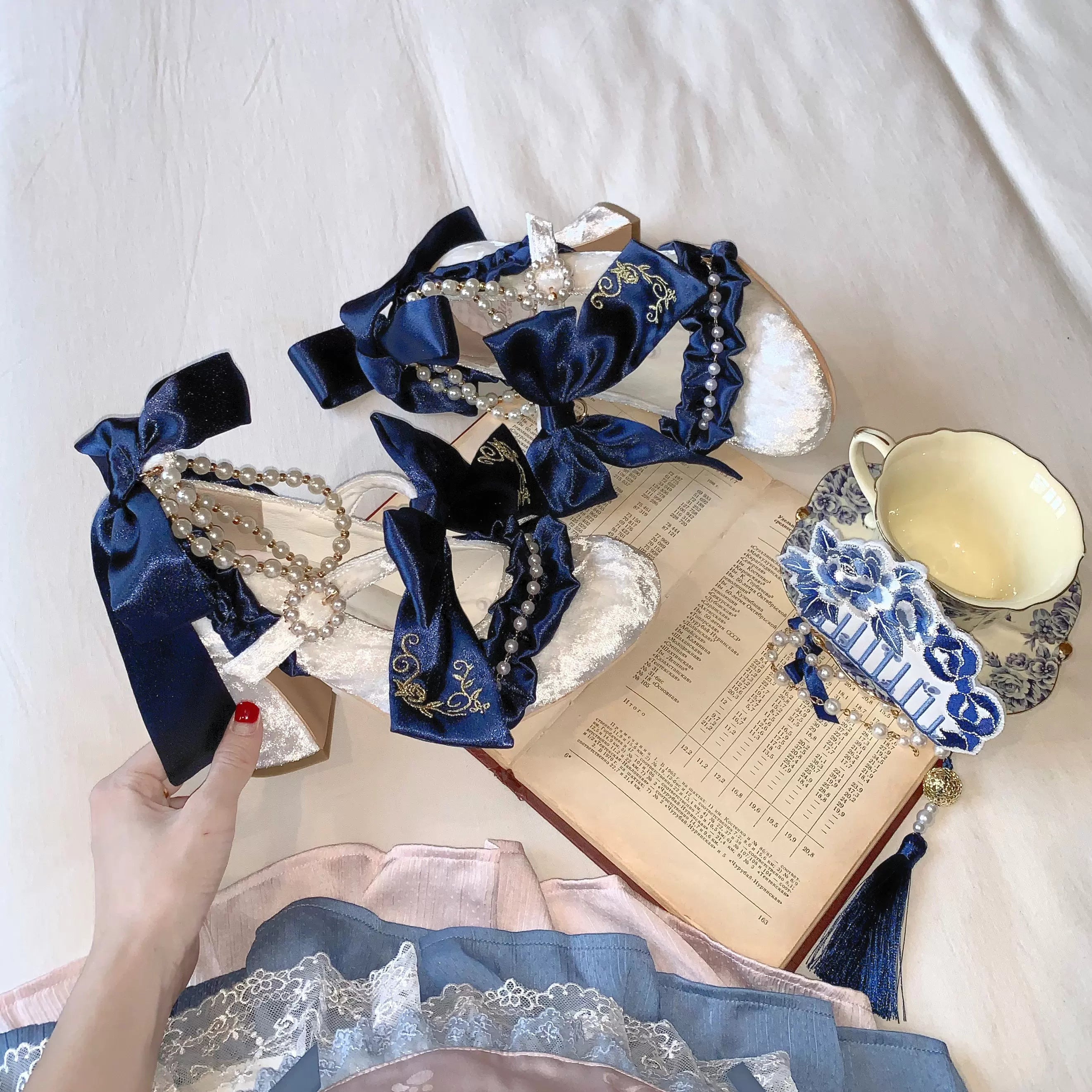 Ribbon Anthem - Wedding Classic Lolita Heels, Detachable Bow & Pearl Ribbon 44844:825880