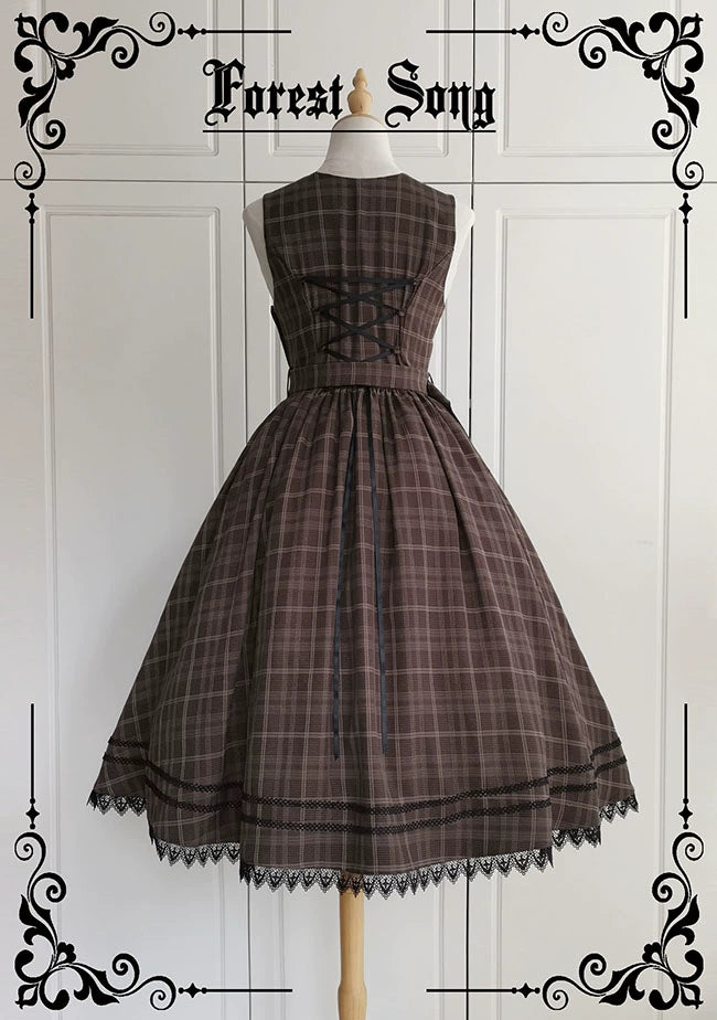 Forest Song - Grena's Poems V-Neck Plaid Jumper Dress