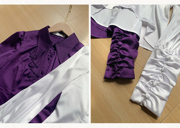 With PUJI~Thorn Night~Gothic Lolita Satin Shirt Solid Color Fake Two-Piece Blouse 42764:756770