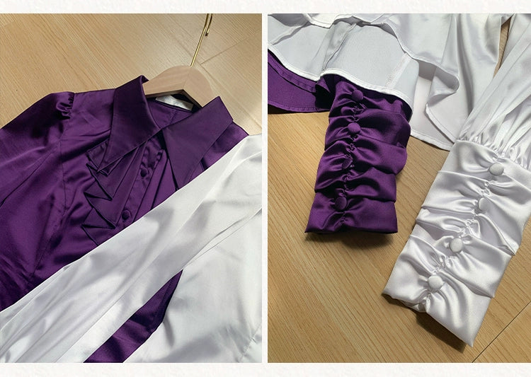 With PUJI - Thorn Night - Gothic Lolita Satin Shirt Solid Color Fake Two-Piece Blouse