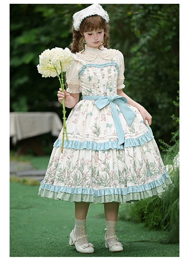 With PUJI - Oriole Time - Country Lolita JSK and OP Dress, Floral and Bird Print 44048:794545