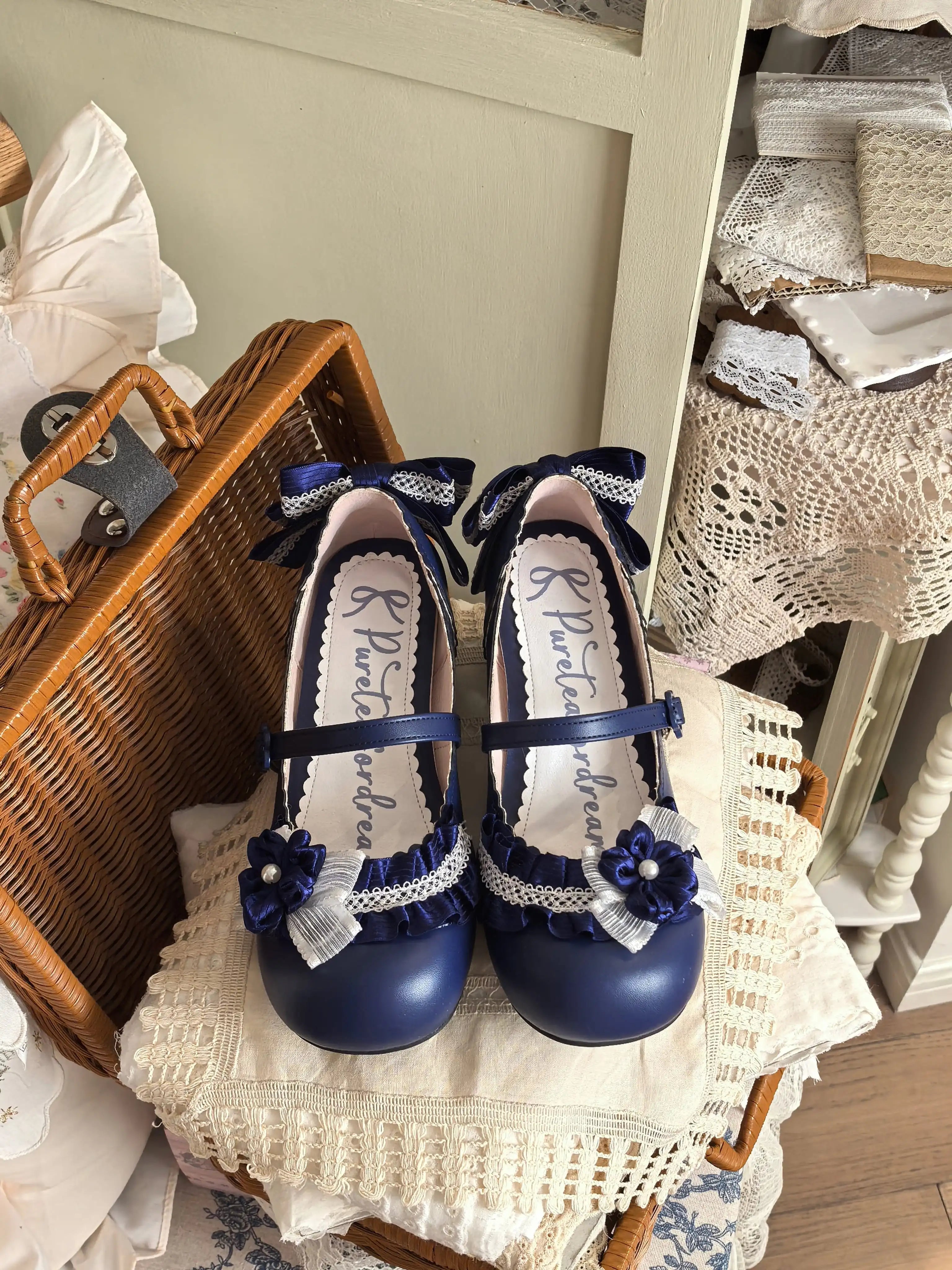 Moonlit Sakura - Sweet Lolita Round-toe Heel Shoes, Floral Accent 45385:846012
