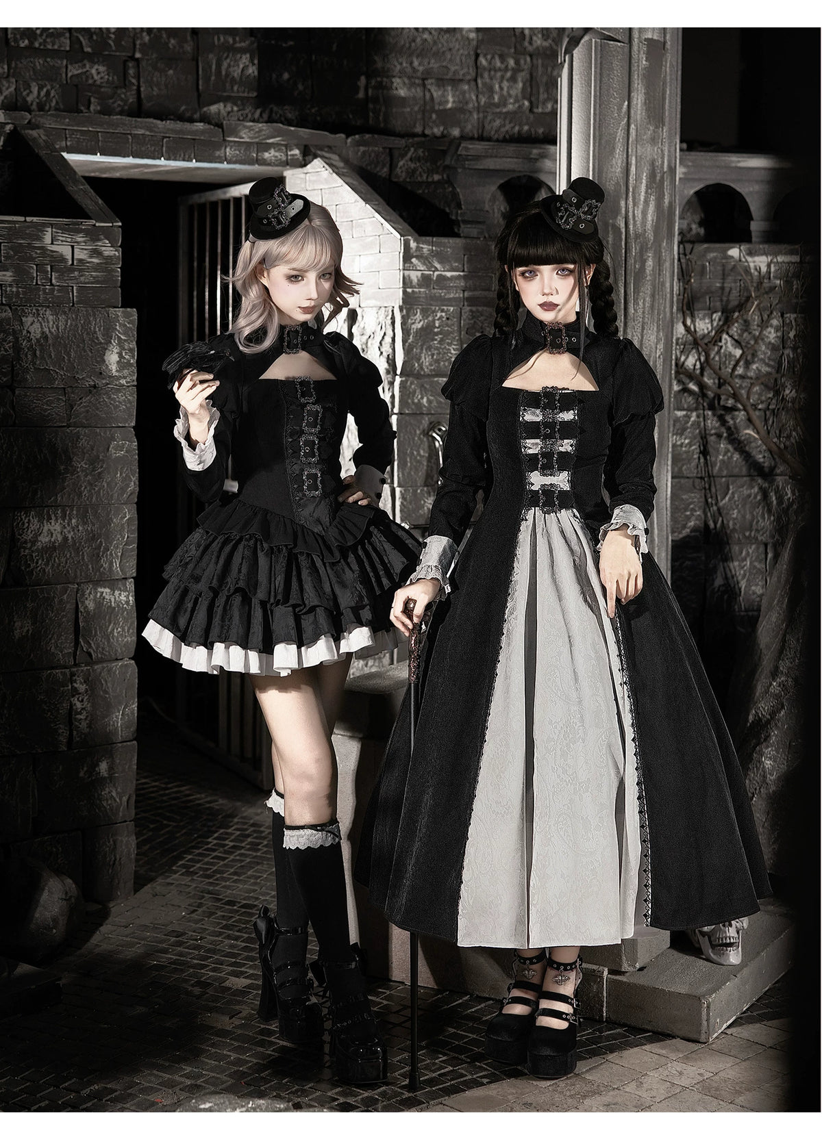 Klein - Black and White Gothic Lolita OP Dress Set, Metal D-rings 45996:871439