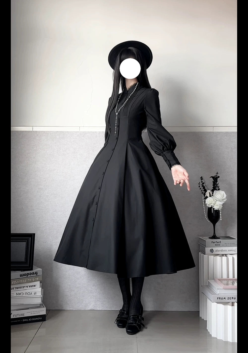 Astrea - Black Classic Lolita Long OP Dress, Side Pockets