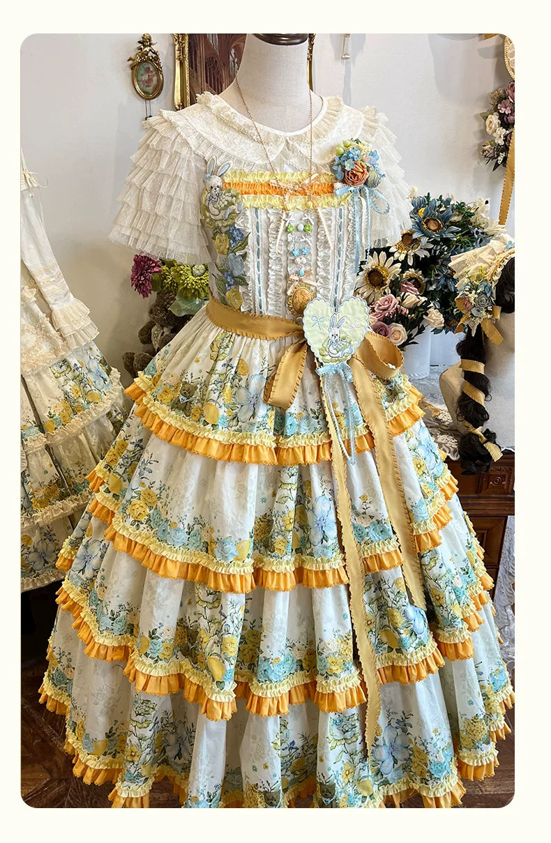 Flower Rabbit Bear - Country Lolita Tiered Skirt Dress, Floral & Bear Print