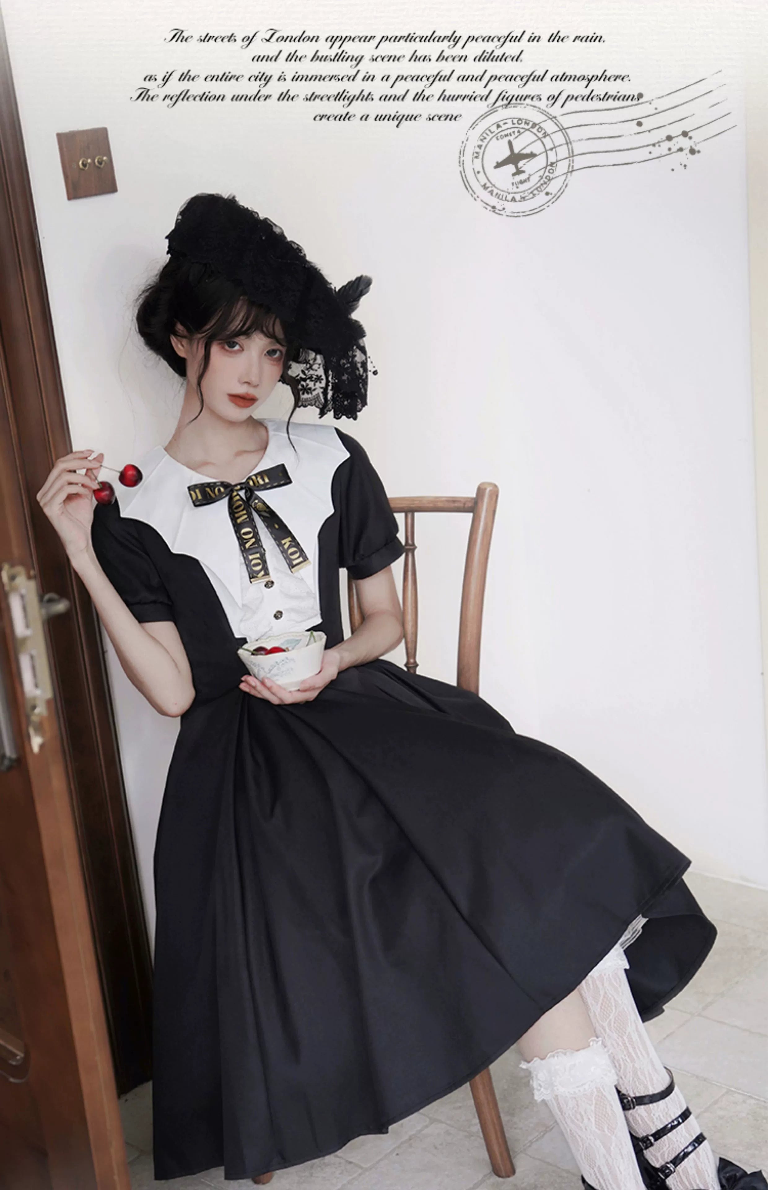Forest Fluorescent Carps - The Rain of London - Elegant Lolita OP Dress, Bat Wing-Shaped Neckline