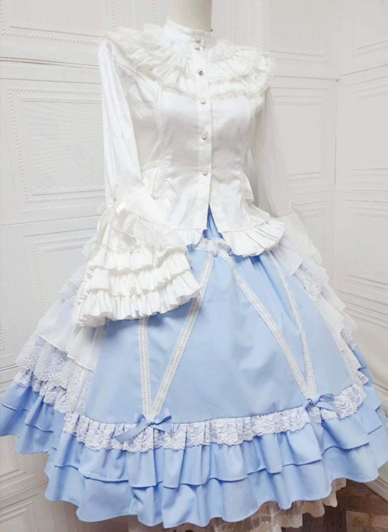 Sweet Angel - Japanese Sweet Lolita Skirt Retro Showa Knee Cake Dress Light blue F