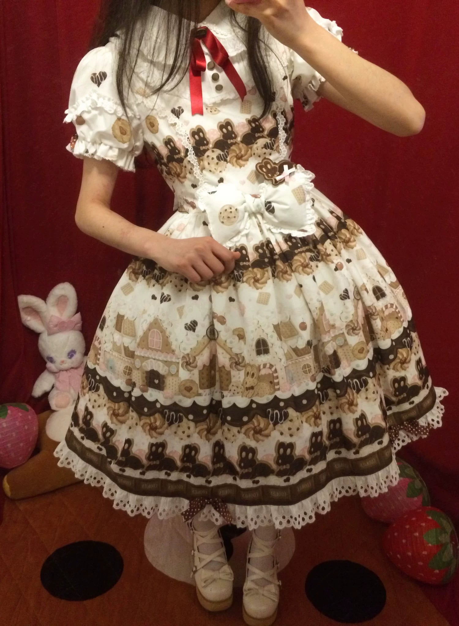 Bunny Gingerbread House - Kawaii Lolita Printed OP Dress with Bows 45275:843163