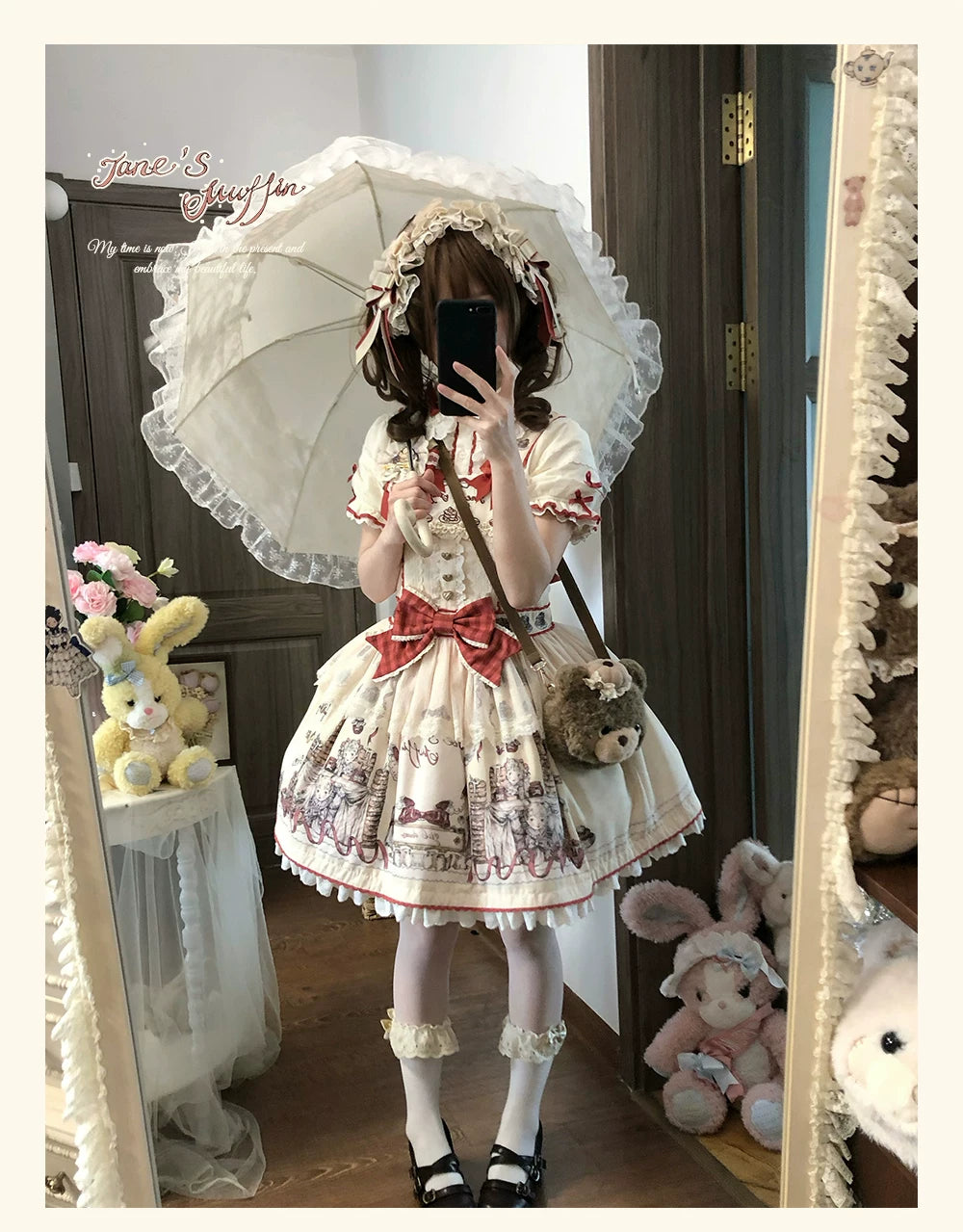 Pancake Postman - Kawaii Lolita Printed OP & Salopette Dress, Lace & Bows 45174:838650