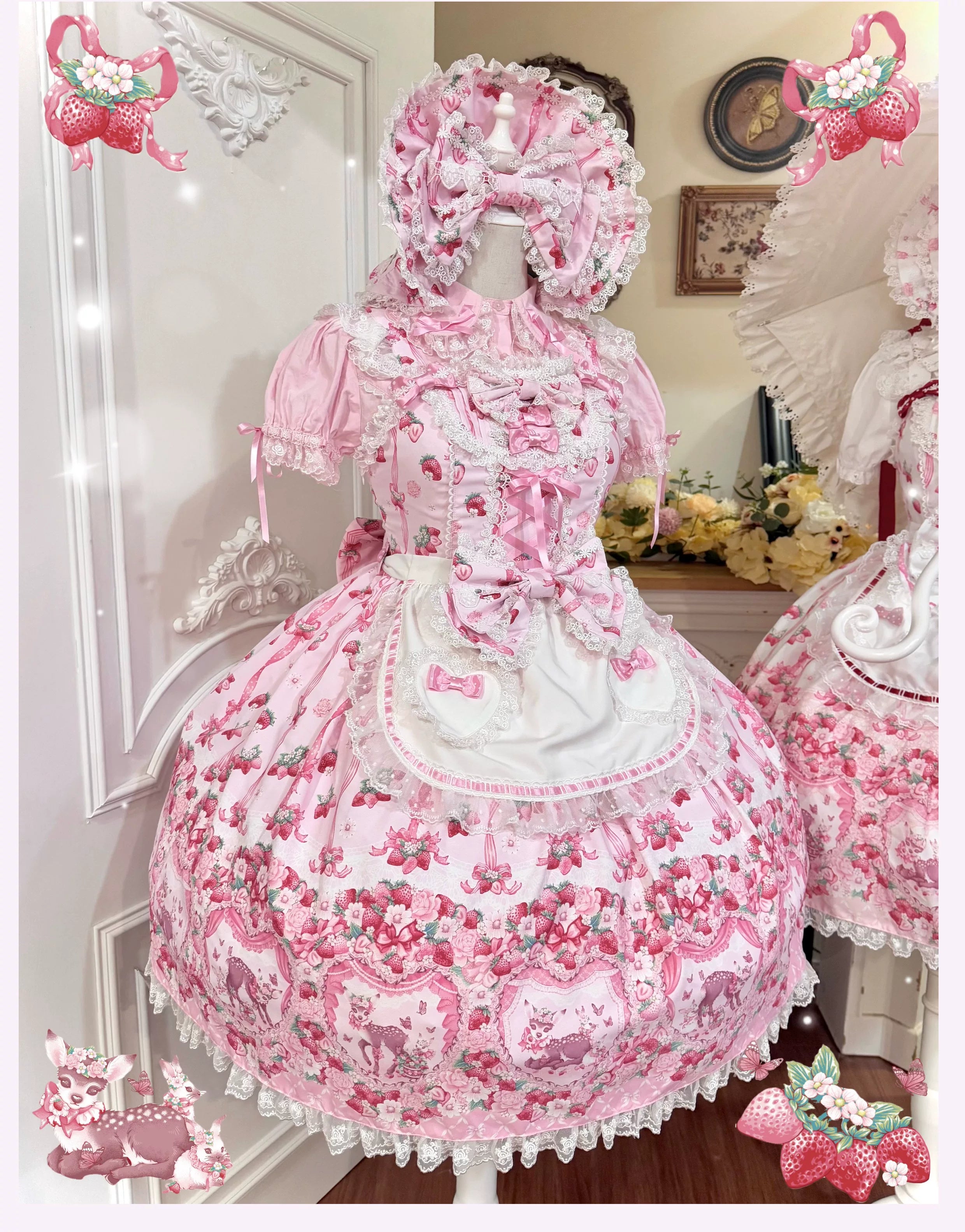 Deer Strawberry Garden - Old School Lolita Deer & Strawberry Printed JSK Dress 45681:860526