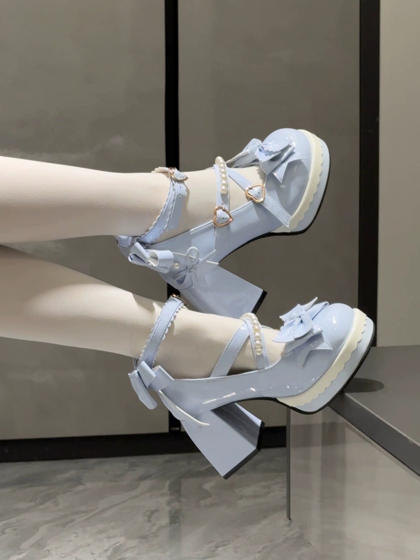 Witch's Night - Crush Complex - Sweet Lolita Heel Shoes, Pearls & Bows Sky Blue 34