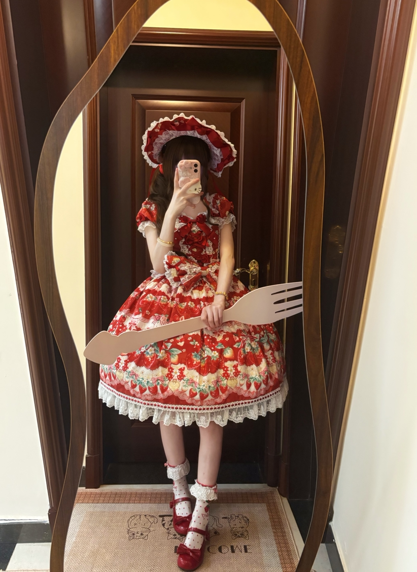 Strawberry Cream Bouquet - Printed Sweet Lolita OP Dress, Halter Neckline