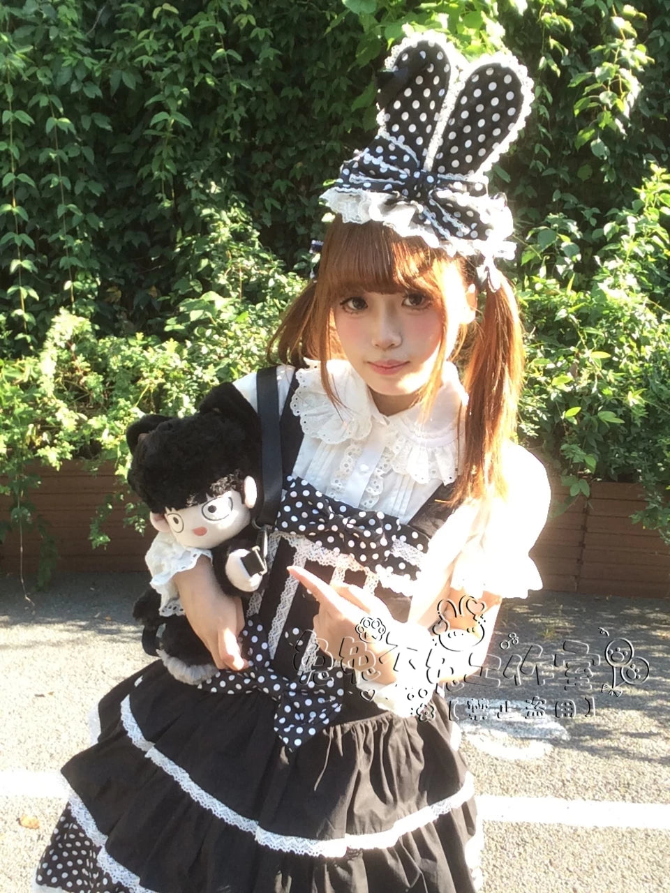 Kawaii Lolita Bunny Ear Hat, Plaid & Polka Dot Styles Black Polka Dot Hat Only