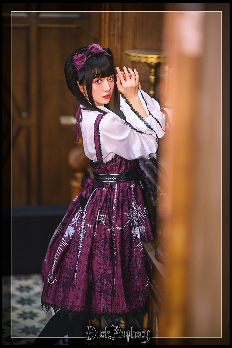 DuskProphecy - Coccyx - Elegant Lolita Dress High Waist Fishbone Print JSK Set 34722:466404