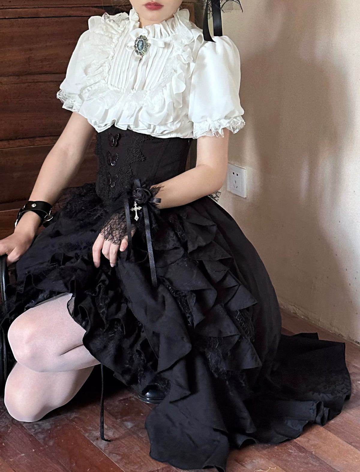 Mistshroud Manor - Gothic Lolita Blouse & Boned Waist SK, Drawstring Lift-up Hem 45909:867538