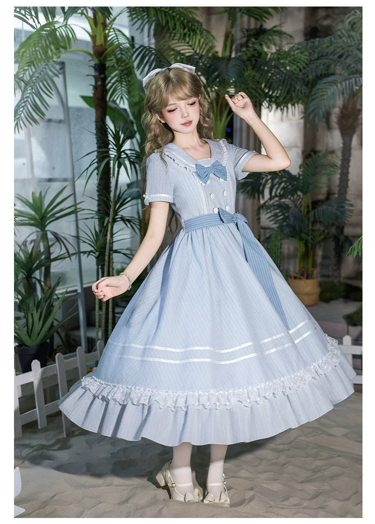 Seven-Day Bell - Blue Classic Lolita Striped OP Dress, Sailor Collar 45166:837851