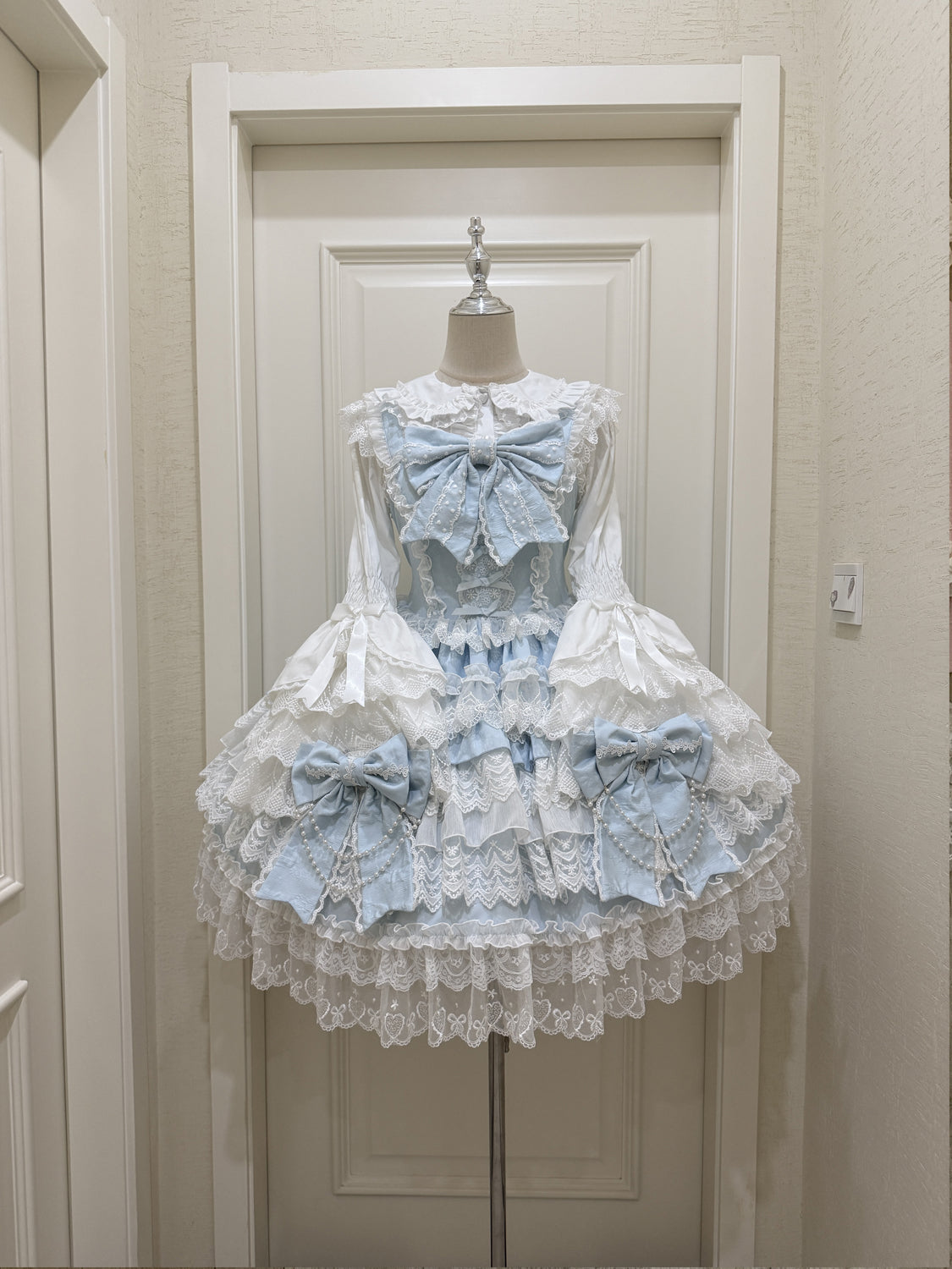 Hanguliang - Cross Heart Knot - Sweet Lolita JSK Suit Tiered Ruffles Dress with Lace Blouse Blue JSK Only S