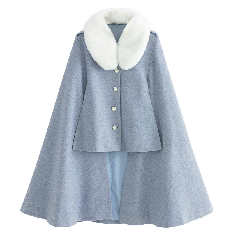 Polyhymnia - Miss Leisha - Classic Lolita Skirt Set Elegant Winter Cape Haze blue fur collar cape