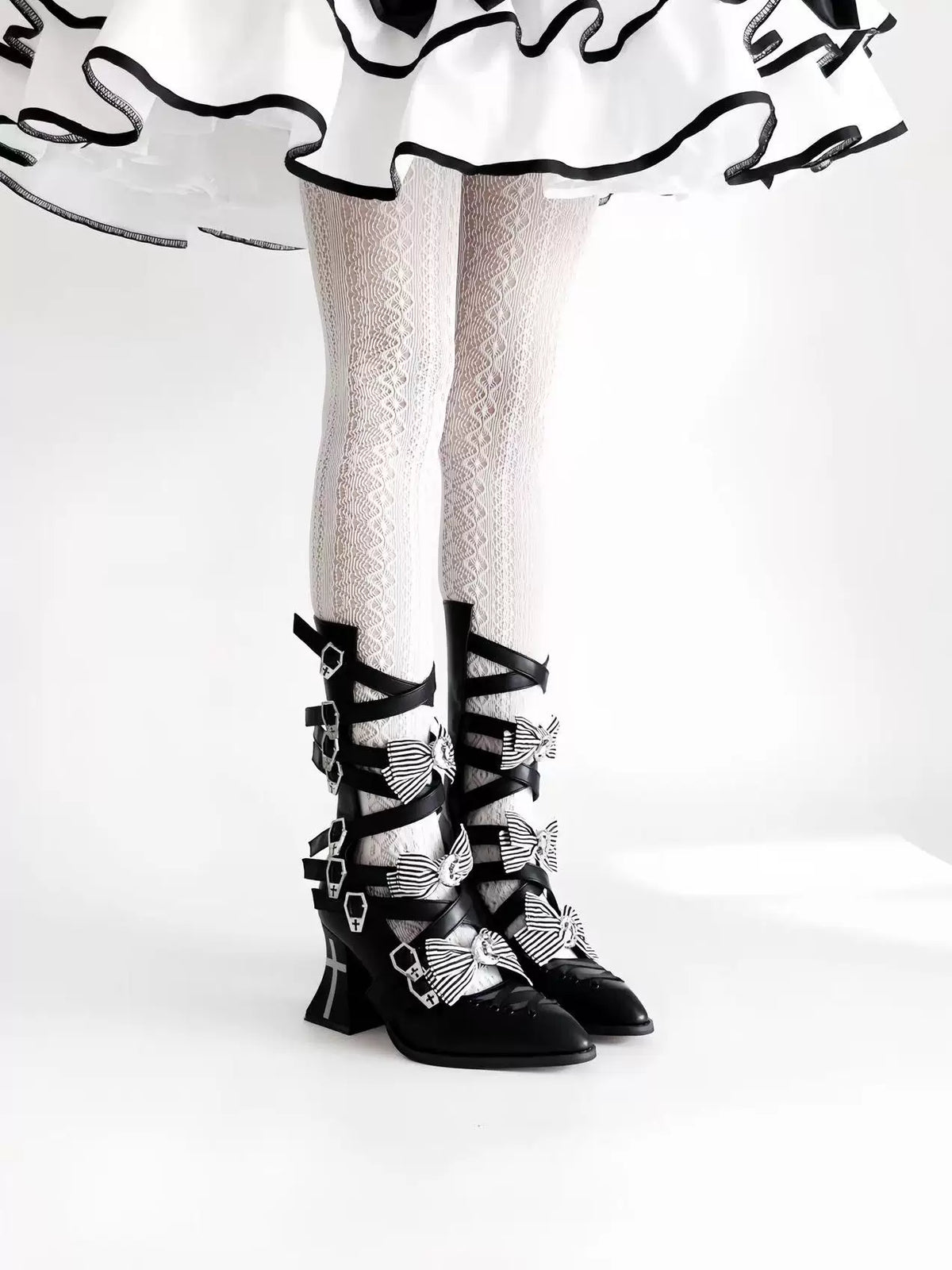 Moon-Raven Dream - Gothic Lolita Pointed Toe Heeled Boots, Cross Strap 45893:867076