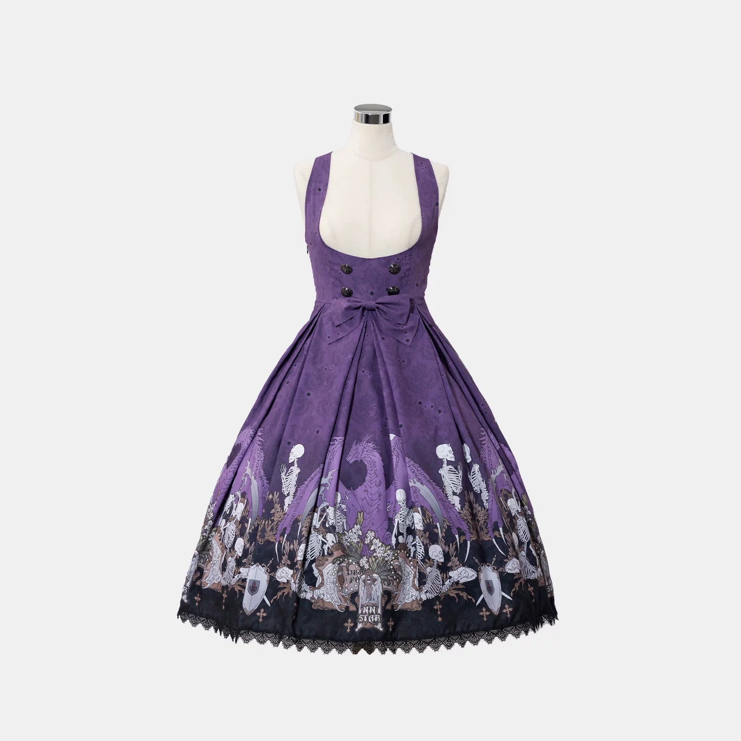 Dragon Bone Lily - Vintage Gothic Lolita Dragon & Skeleton Print JSK Dress (L M S XL) 45283:844480
