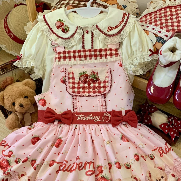 Velvet Strawberry - Sweet Lolita Salopette Dress, Bear & Strawberry Print Pink Salopette Only S