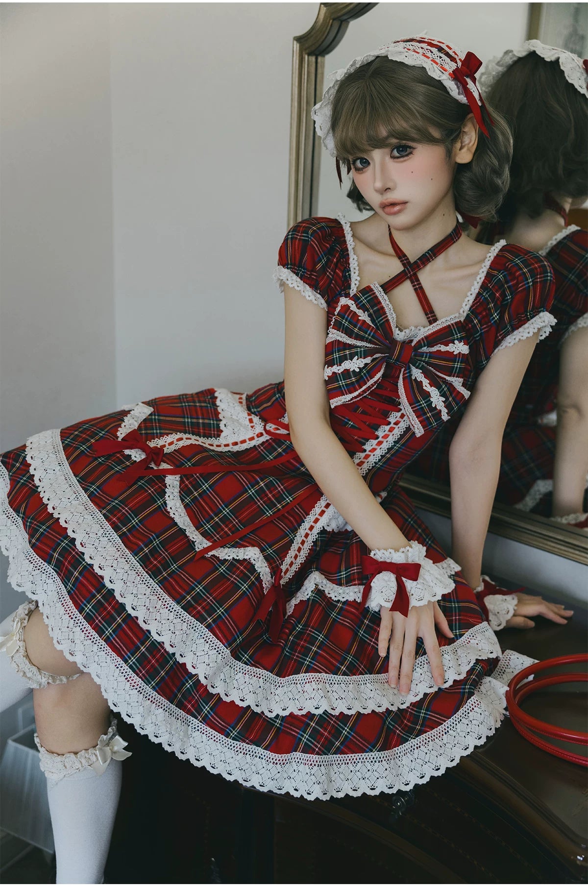 Showa Sweetheart - Old School Lolita OP Dress, Ruffled Lace Hem 45887:866774
