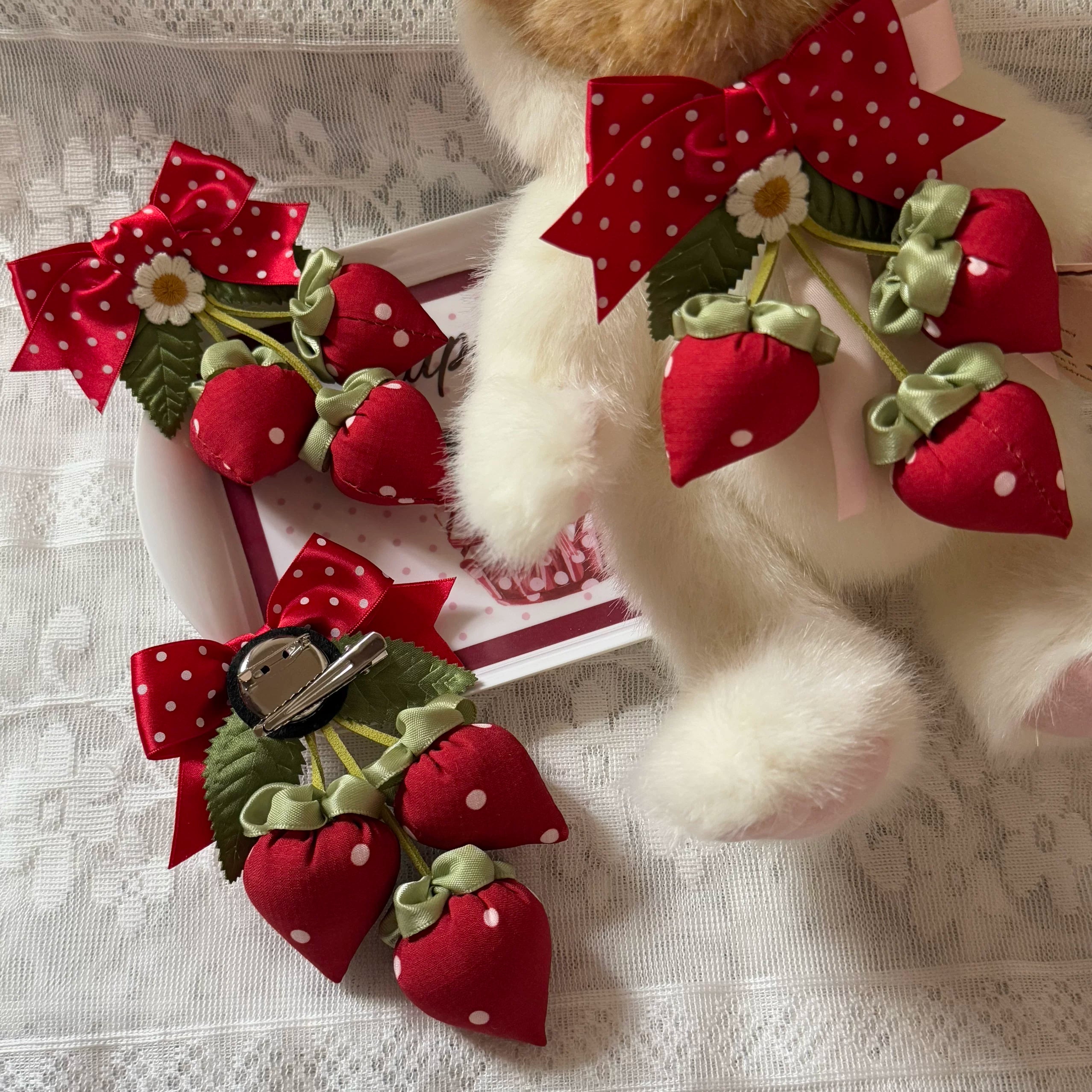 Strawberry Plaid Bunny - Printed Sweet Lolita JSK Dress, Hime Sleeve Blouse Pink One Size One Strawberry Brooch Only