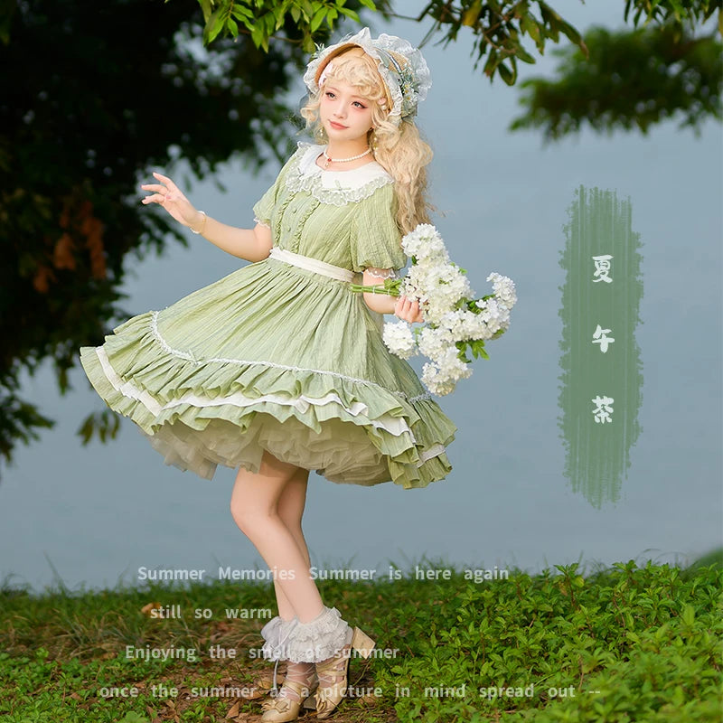 Afternoon Tea - Classic Lolita OP Dress, Lace Peter Pan Collar Green XS