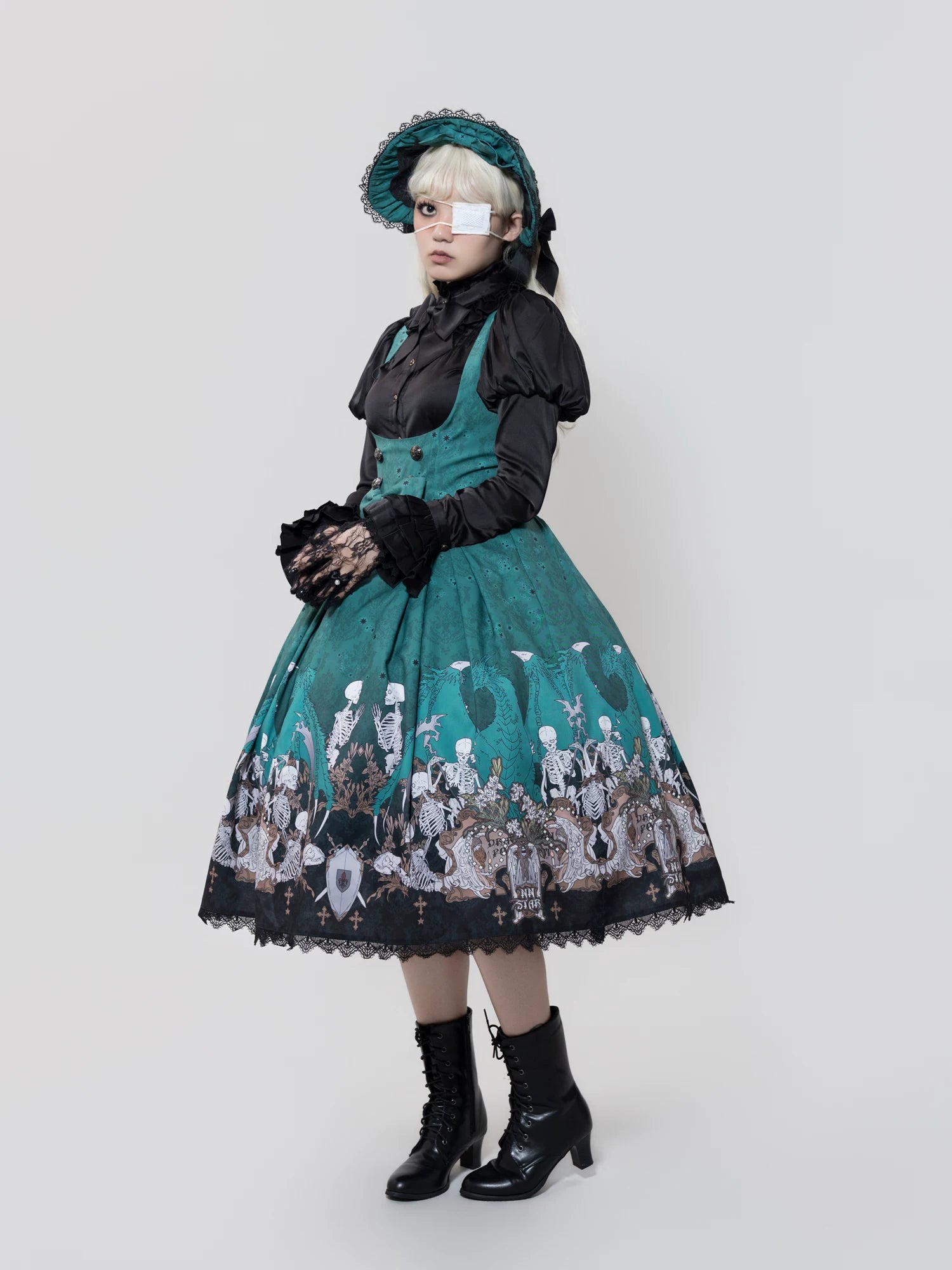 Dragon Bone Lily - Vintage Gothic Lolita Dragon & Skeleton Print JSK Dress 45283:844497