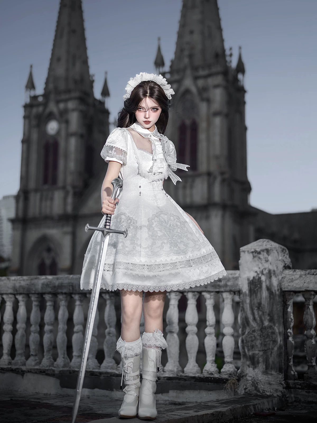 White Classic Lolita Printed OP Dress with Cross