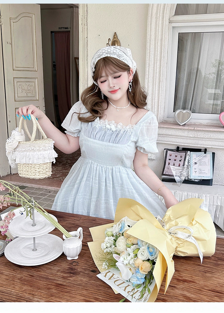 Yingtang~Plus Size Lolita OP Dress Short Sleeve Gentle Baby Blue Lolita Dress   