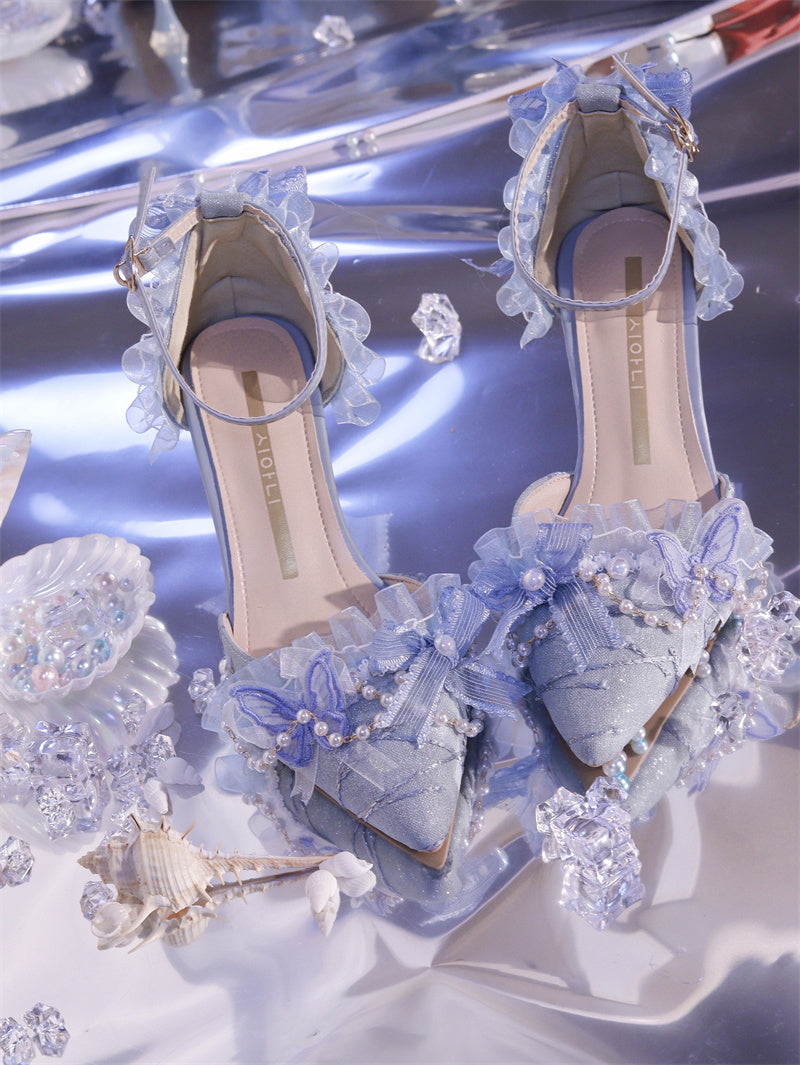 Ximeng Lolita - Deep Sea Hospital - Plus Size Wedding Lolita Bridal Shoes Customized Heels Sky blue without anklet - 7 cm / 2.8 inches 37