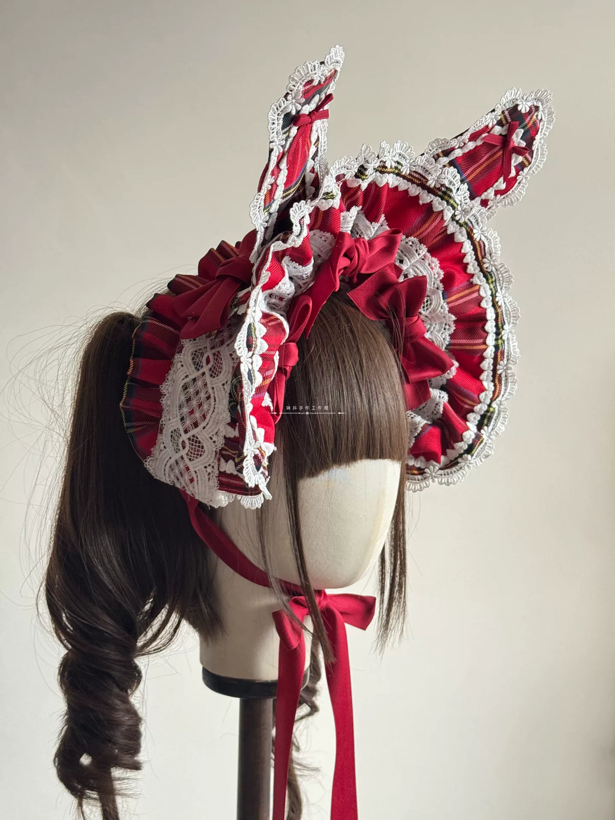 Red Plaid Lolita Headdress, Wire-edged Bunny Ear BNT