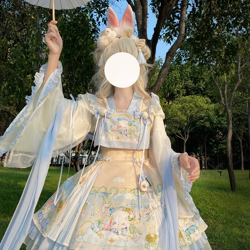 YingLuoFu - Laurel - Kawaii Han Lolita Jumper Dress Rabbit Print S Full set(JSK+ blouse + rabbit ear KC)