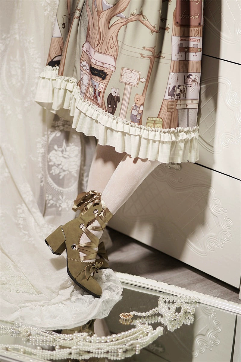 MR.Qiutian - Muse Kiss - Elegant Lolita Shoes Lace-up Bow Heels Round Toe